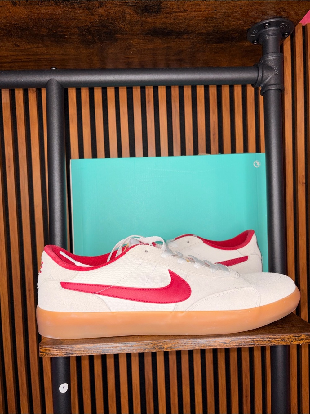 Nike White Sneakers with Red Swoosh and Gum Sole